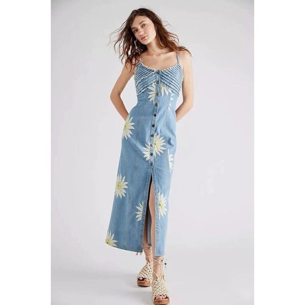 NWT FREE PEOPLE MAISIE MIDI DRESS DENIM EMBROIDERED BUTTONDOWN JEAN DRESS - Picture 2 of 4